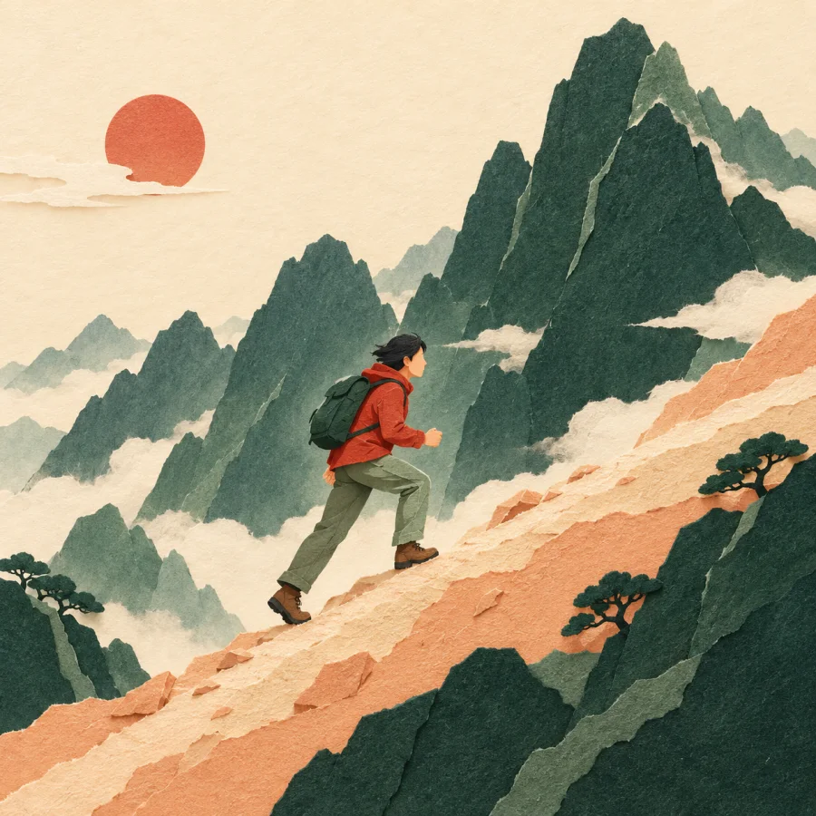 A person persistently climbs up a steep mountain path