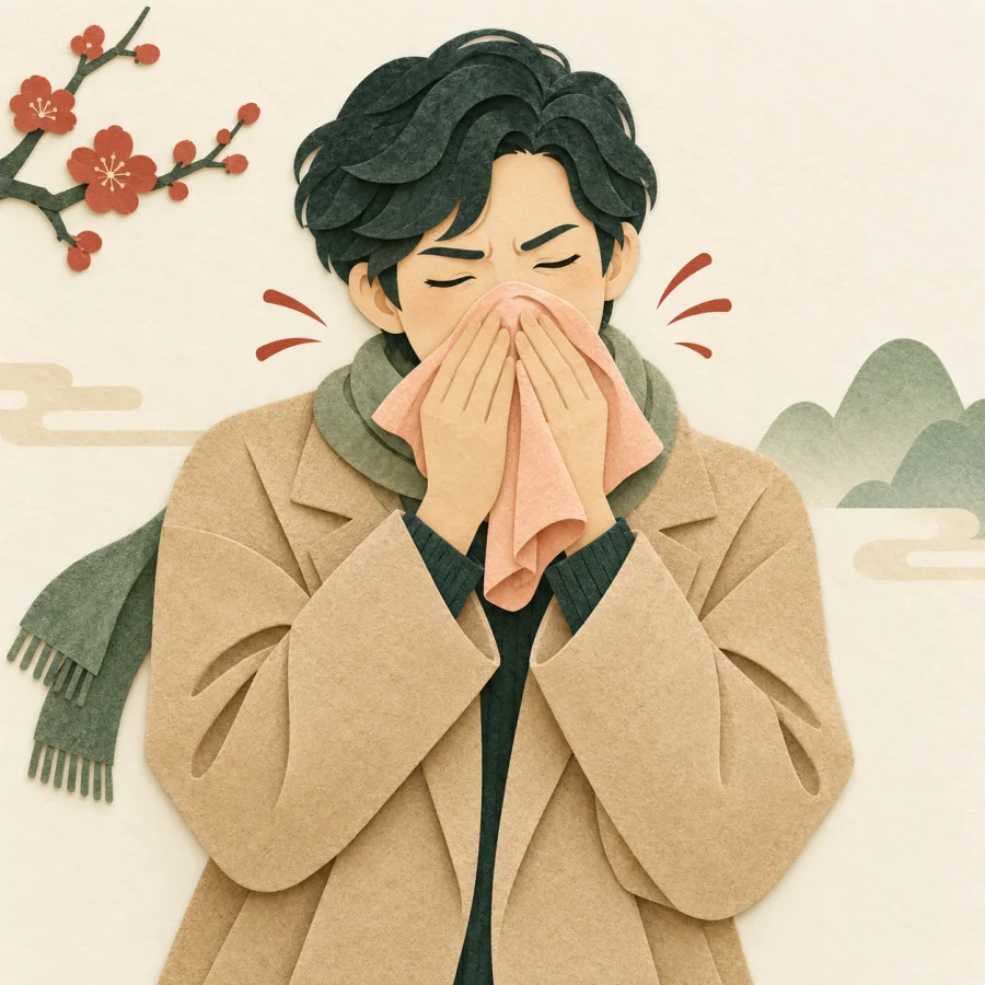 A person sneezes repeatedly into a handkerchief