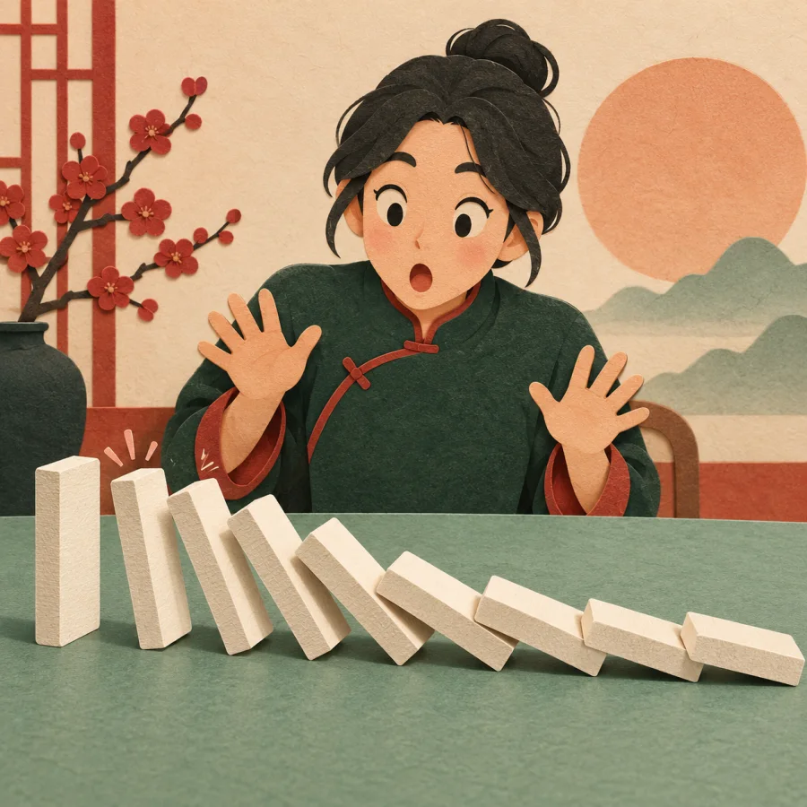 Domino blocks topple in a row on a table as a person watches