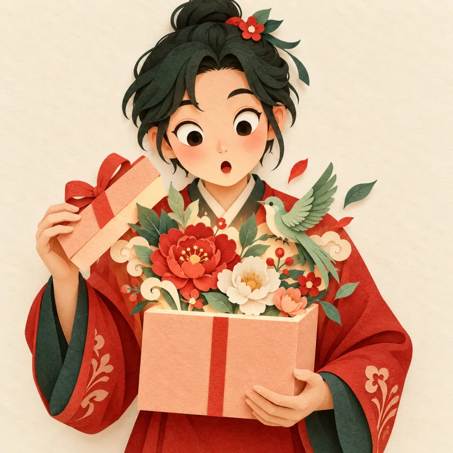 A person opens a gift box, astonished by the surprising contents