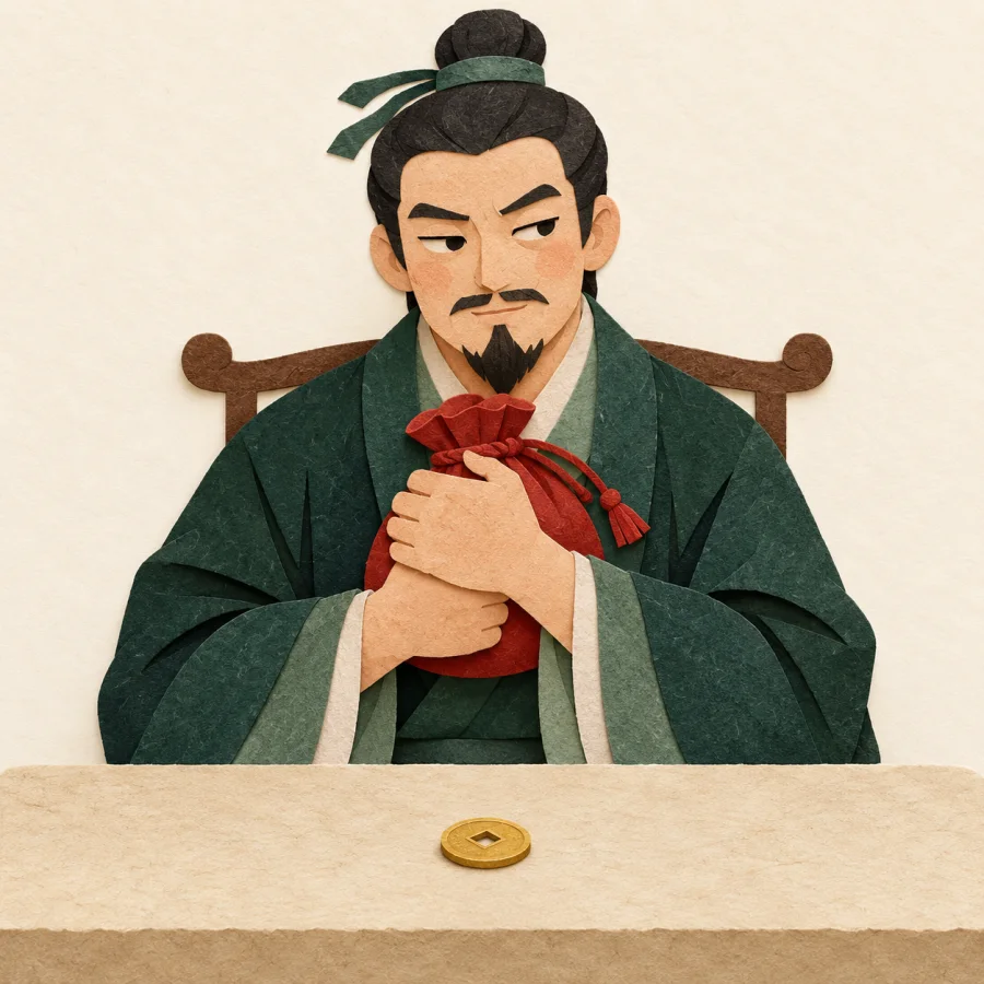 A man clutching a closed coin purse with a coin lying untouched nearby
