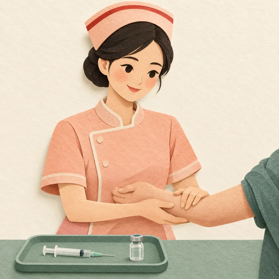 A nurse holding a patient's arm with a syringe and a vial on a tray