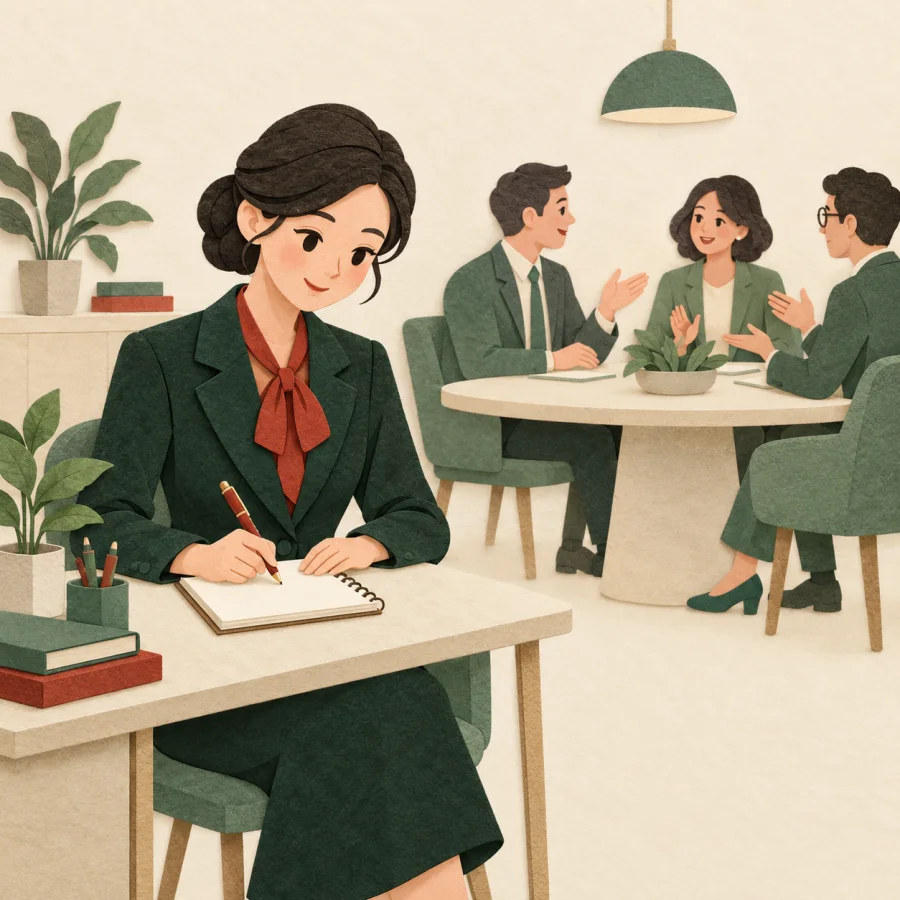 A secretary taking notes at a small side desk next to a meeting table