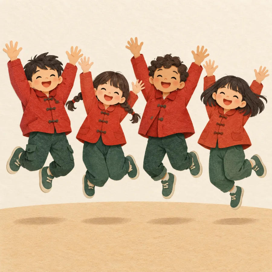 Children jumping into the air at the same moment on a playground