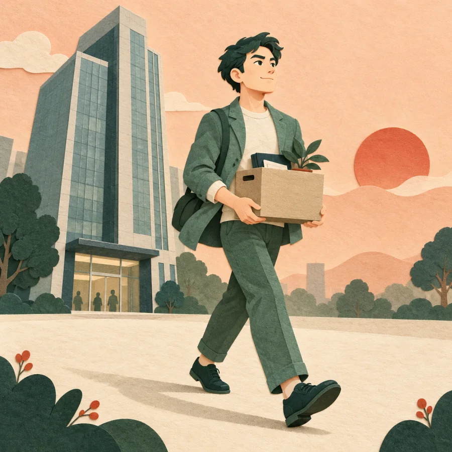 A determined man walking away from an office tower with a small box