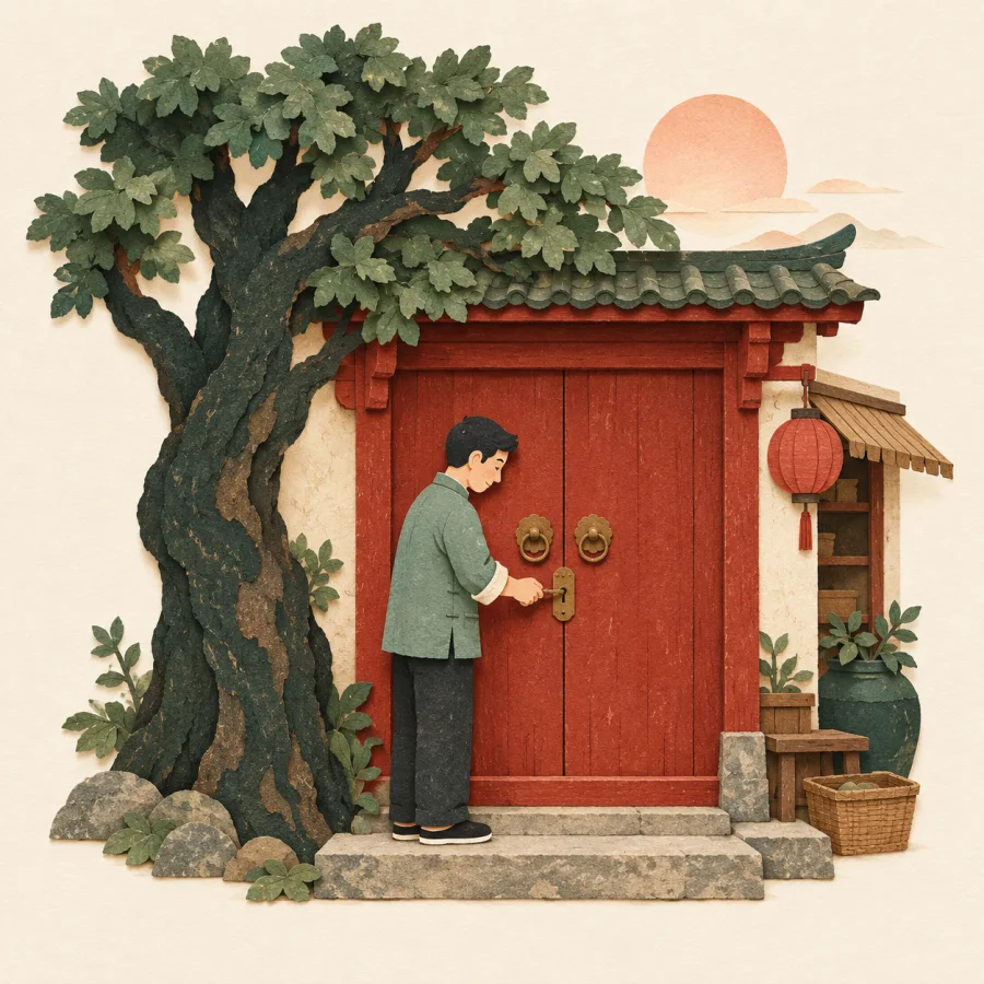 A shopkeeper opens the door of a red shop beside an old tree
