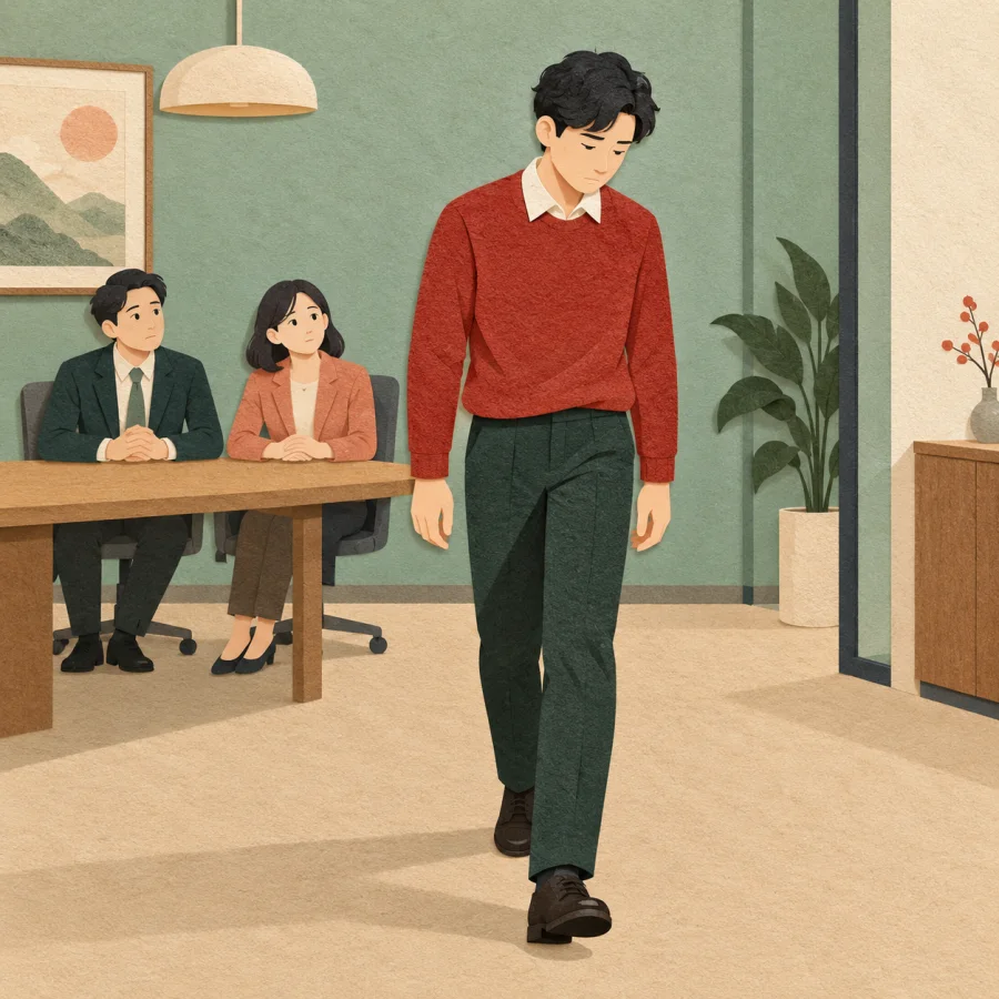 A person with a lowered head walks away silently from a meeting table
