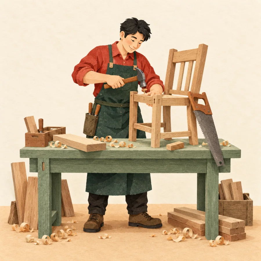 A lone woodworker builds a chair by himself, wood shavings all around