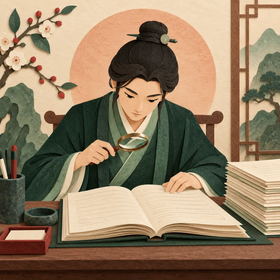 A clerk with a magnifying glass carefully checks every line of a ledger