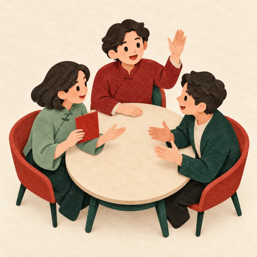 A person raises a hand to speak at a round meeting table