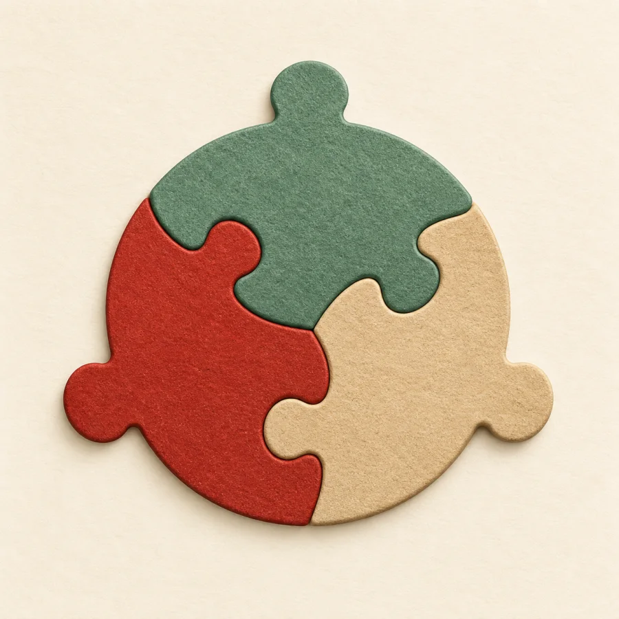 Three puzzle pieces fitting together into one whole shape