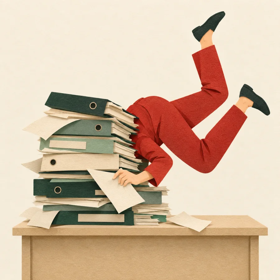 A person plunging headfirst into a tall stack of folders
