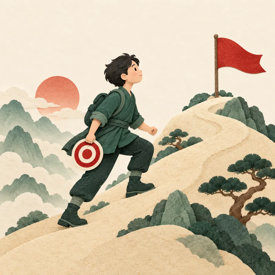 A person with a small target walking toward a flag on a hill