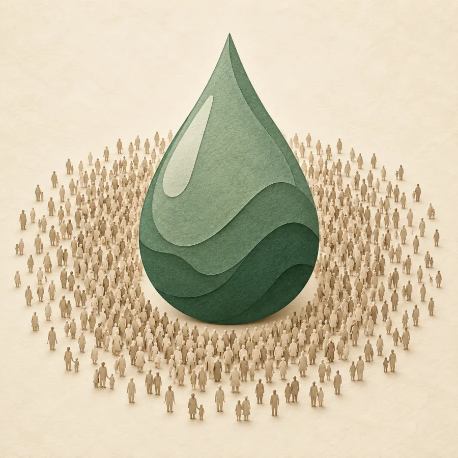 A dense crowd of tiny figures around one large water drop