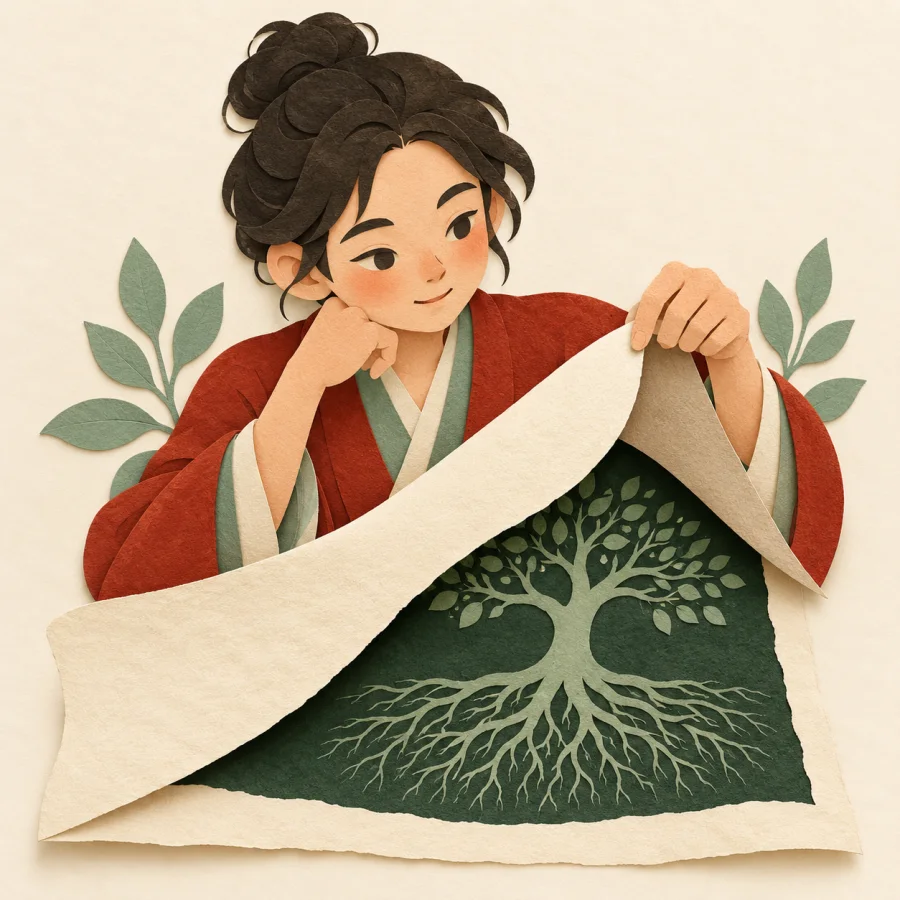 A person peels back a paper layer revealing a hidden green drawing