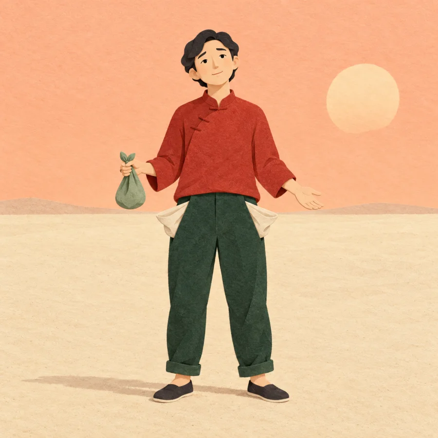 A person with a small bundle stands alone on empty sand with empty pockets