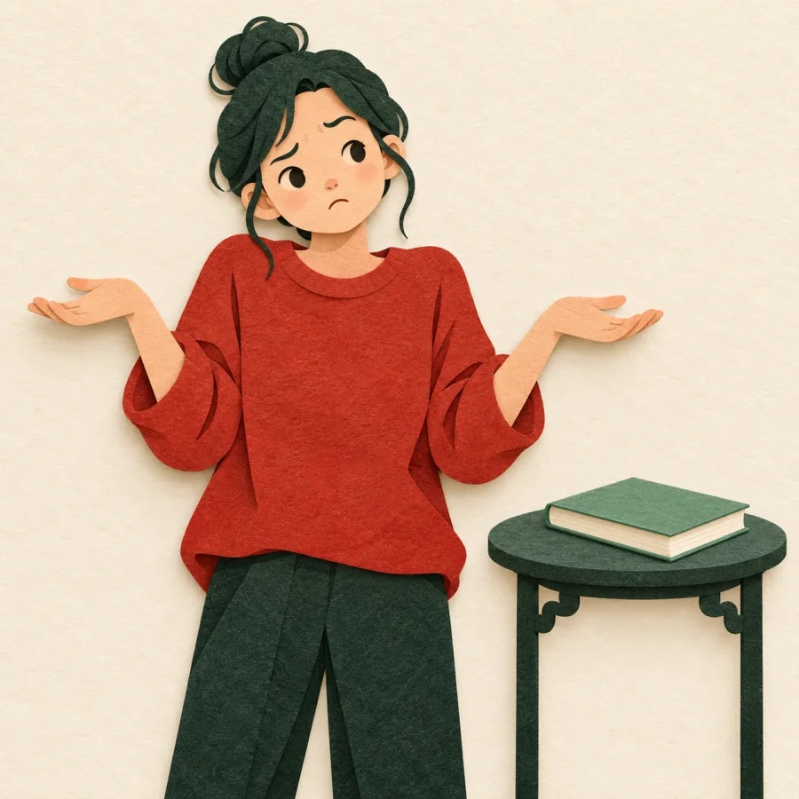 A person shrugs next to a closed green book on a table