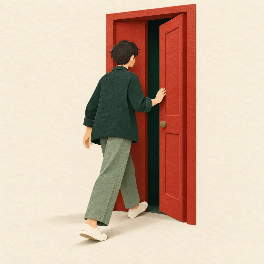 A person steps toward a slightly open cinnabar red door