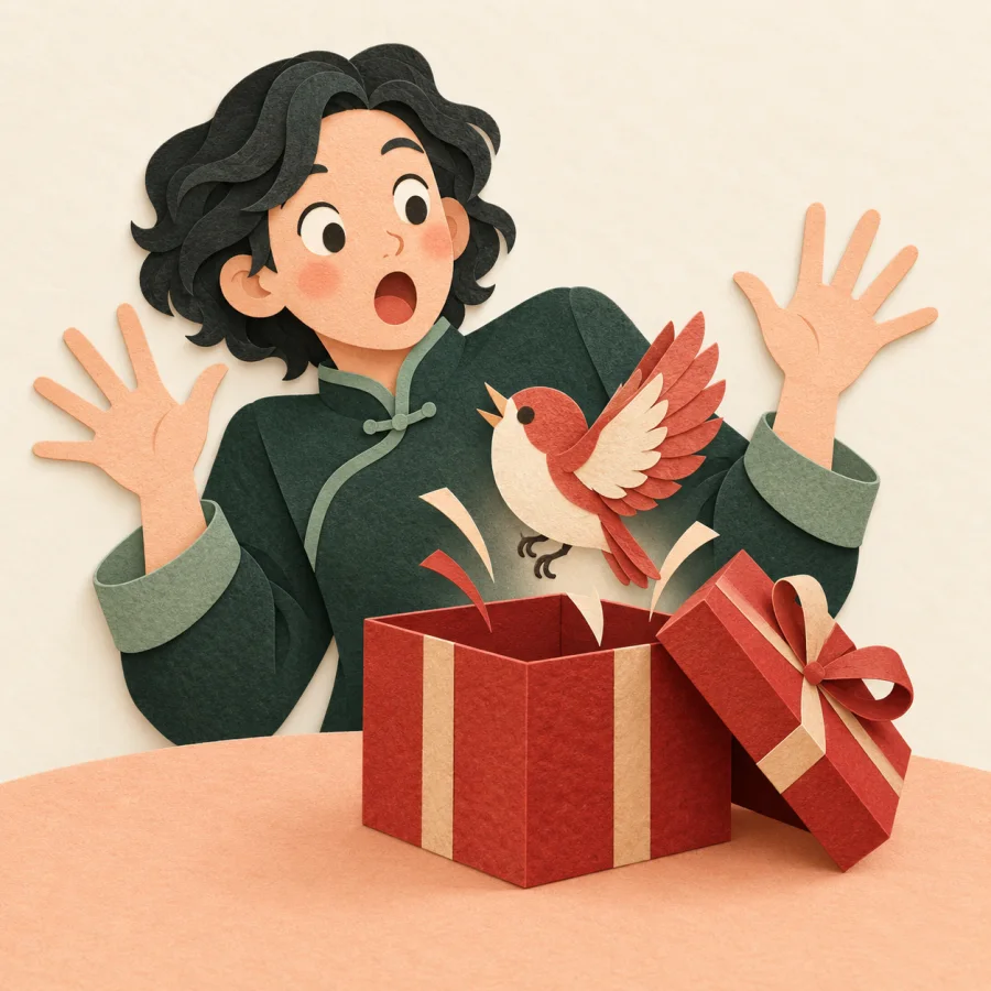 A surprised person leaning back as a bird pops out of a red gift box