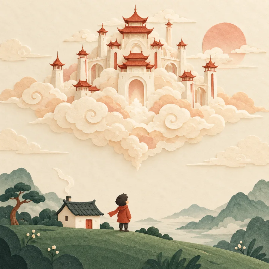 A person looking up at a castle made of clouds