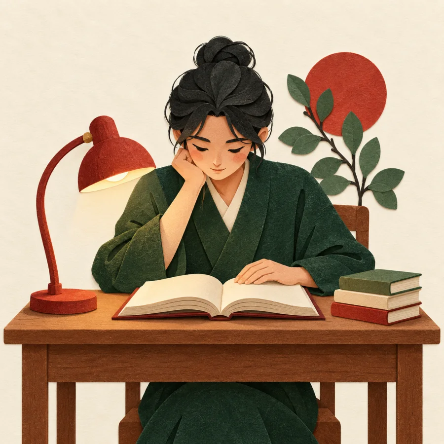 A focused person studying late at a desk with books