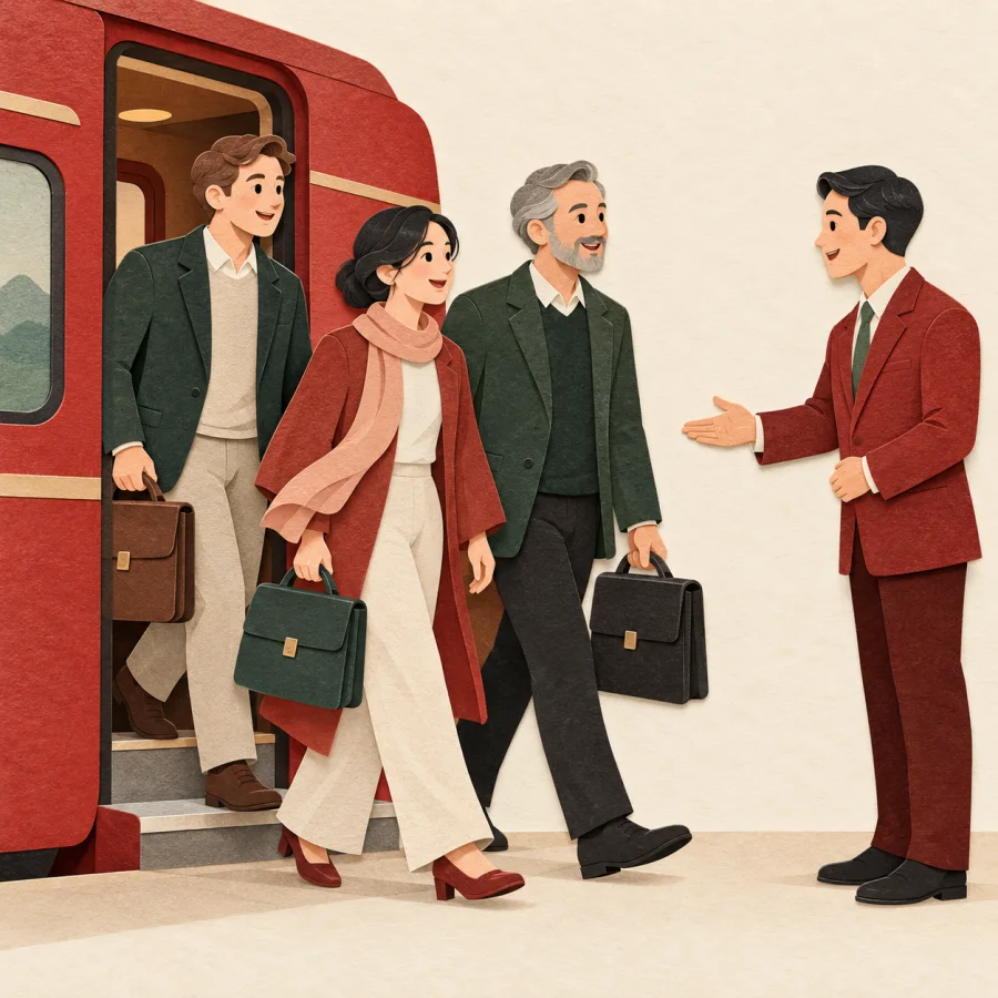 A delegation arriving at a station with briefcases