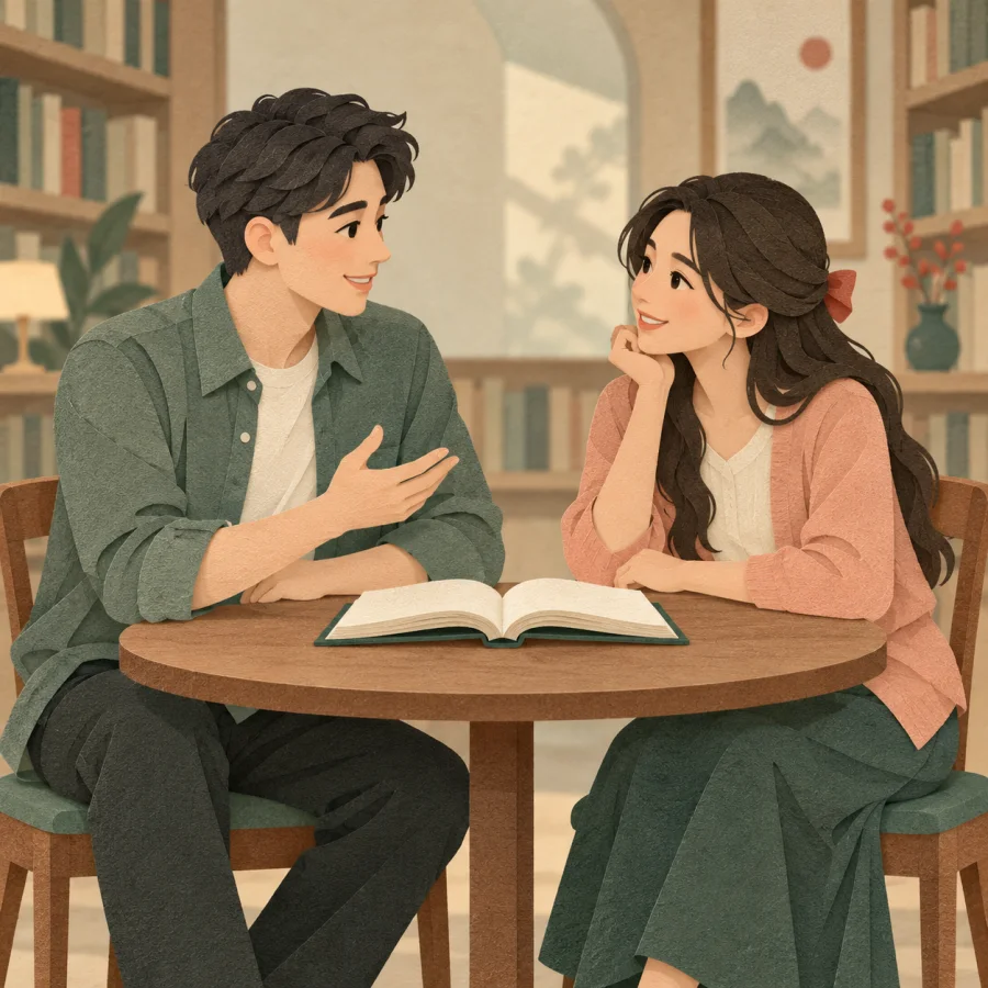 A young man and woman talking politely over a book