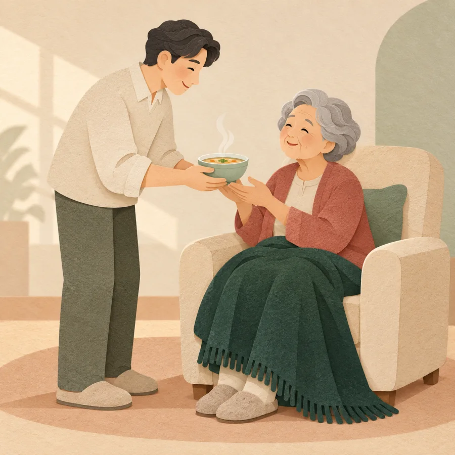 A person caring for an elderly mother at home