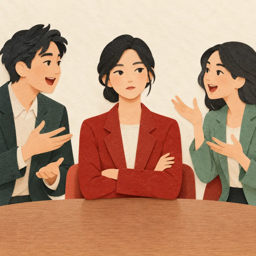 A silent person beside animatedly talking colleagues at a meeting
