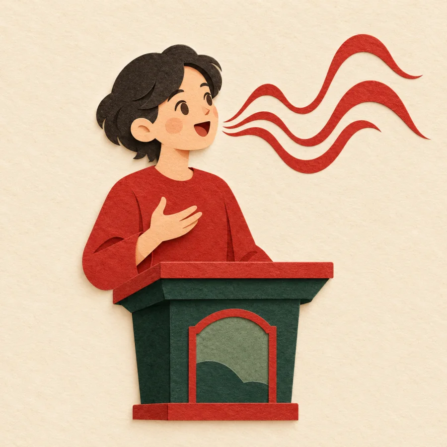 A speaker at a podium with flowing wave lines from the mouth
