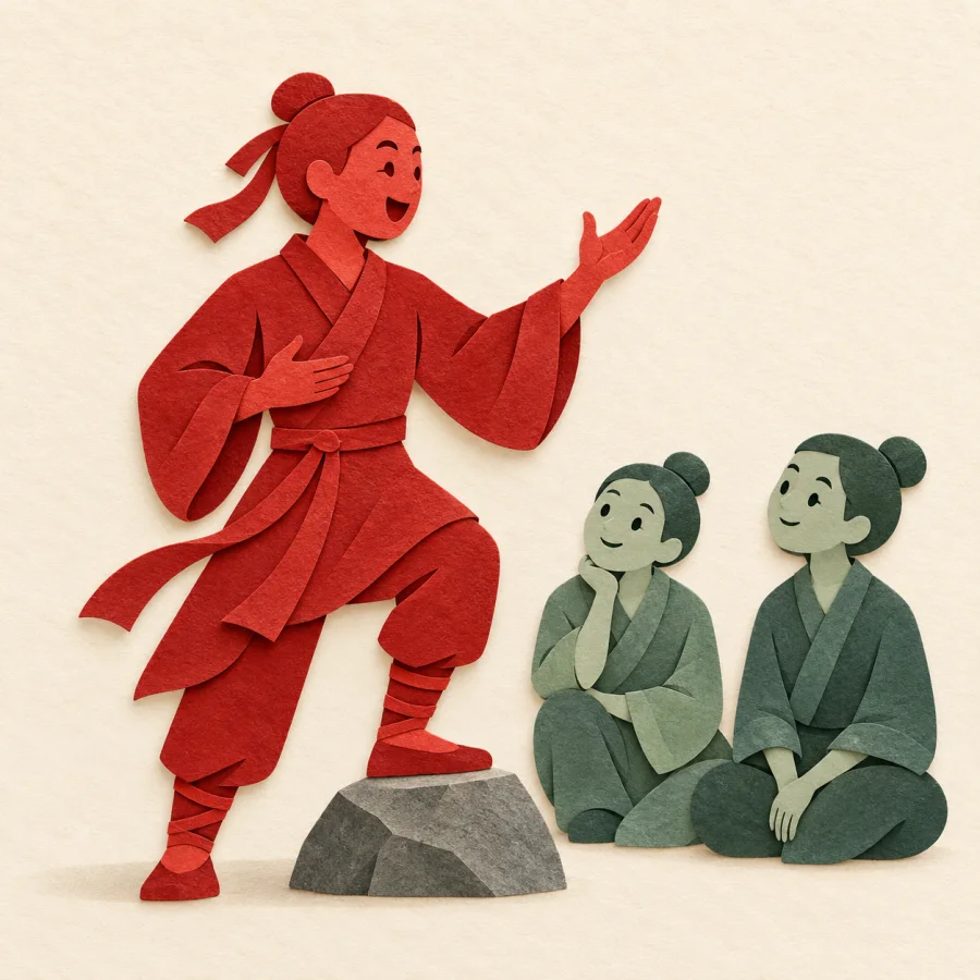 A red figure raises one hand while speaking to two small listeners
