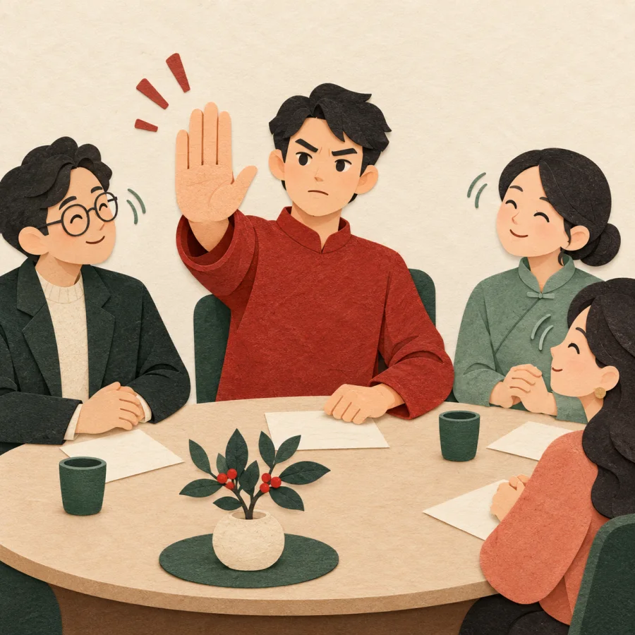 A person raising a hand in objection at a meeting