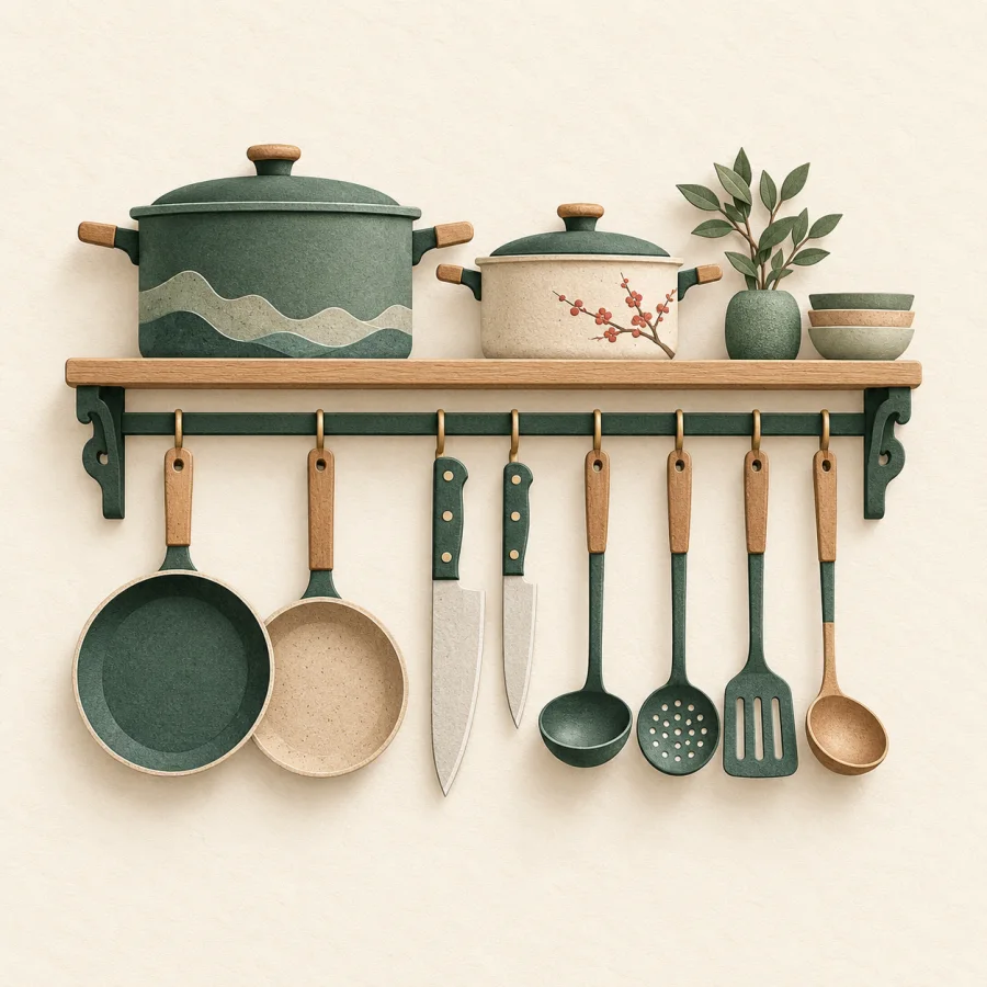 A shelf holding every kitchen tool arranged in a full row