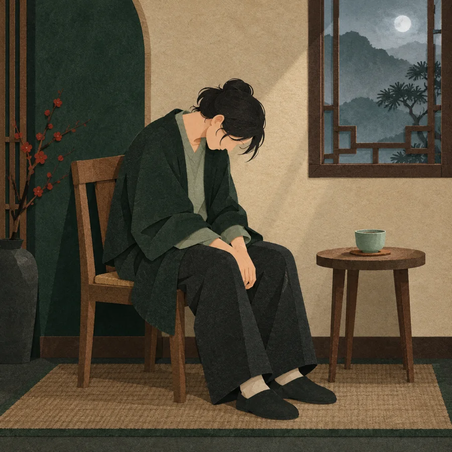 A downcast person sits slumped by a window with an untouched cup of tea.