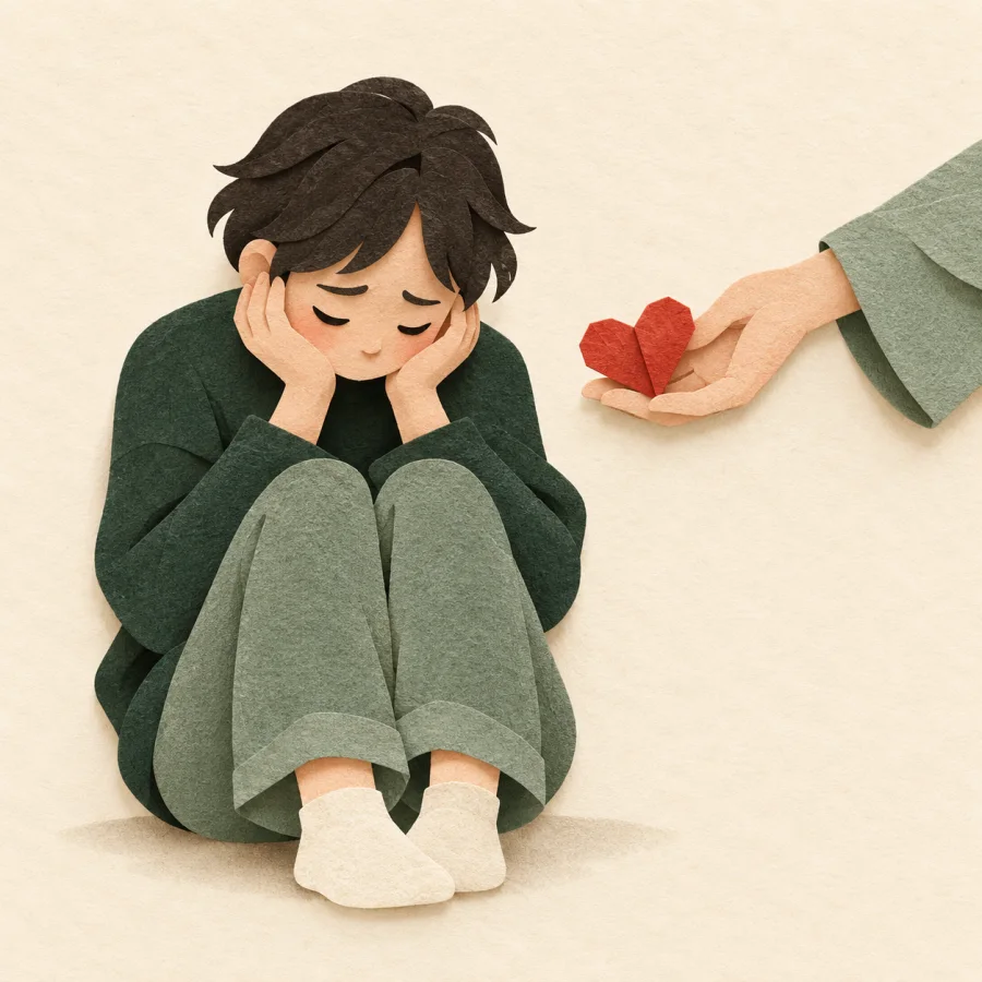 A person sits holding their head while another hand offers a paper heart.
