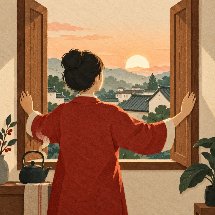 A person opens shutters at sunrise over rooftops with a steaming kettle.