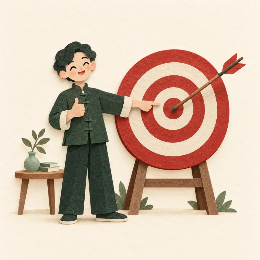 An arrow sits in the bullseye of a red target as a person points approvingly.