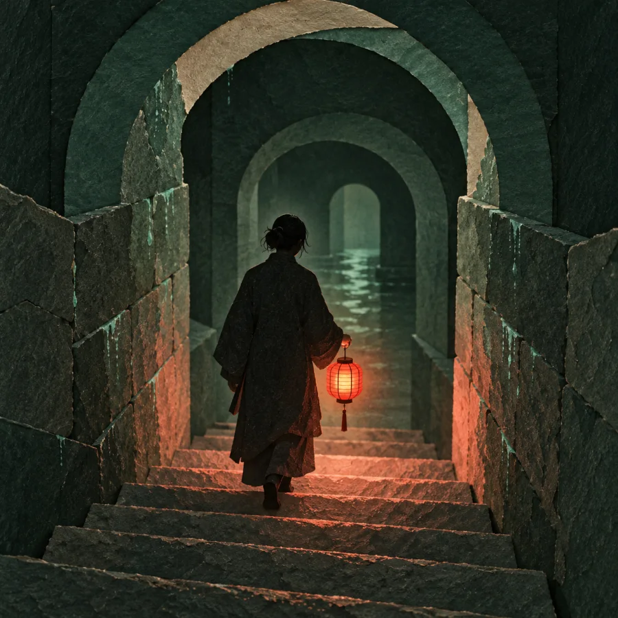 A person walks down dark damp tunnel steps with a lantern