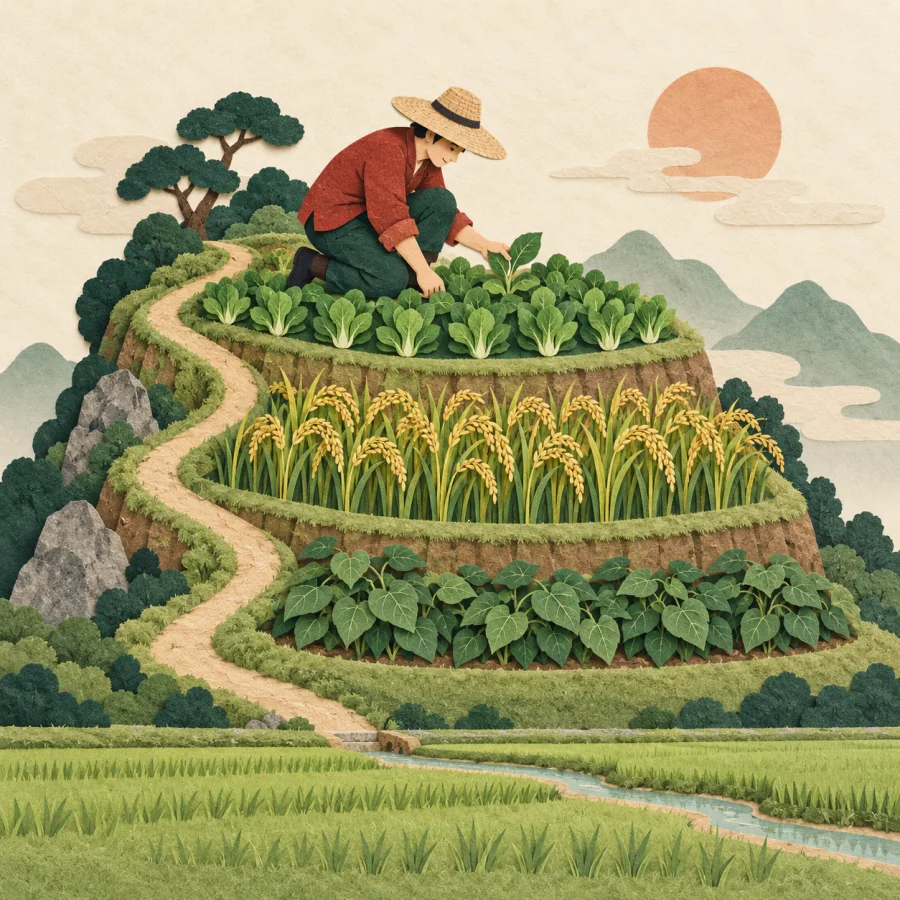 A farmer studies a terraced hillside planted with different crops