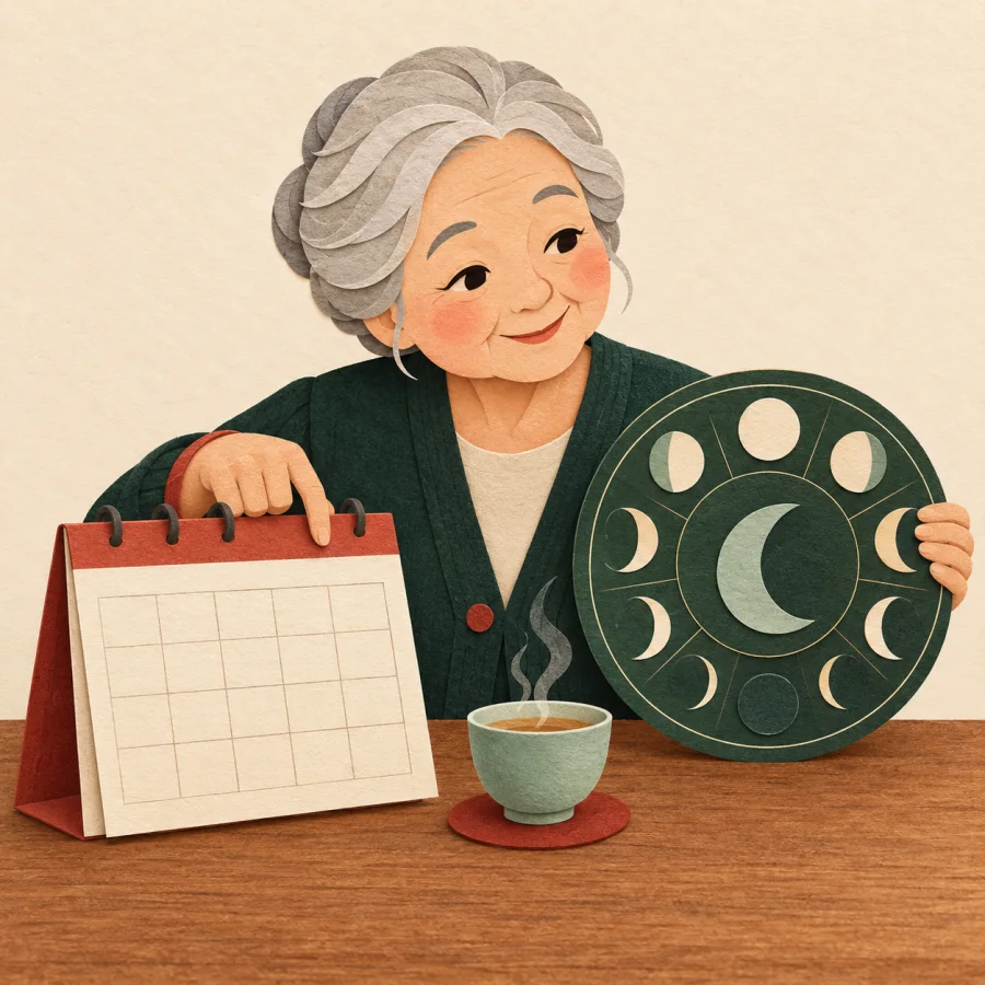 A grandmother checks a paper calendar beside a moon wheel