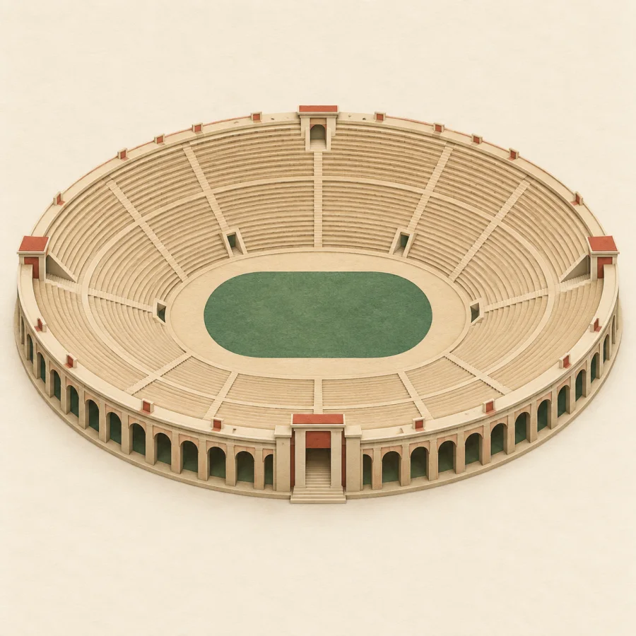 Um estádio ao redor de um campo de jogo
