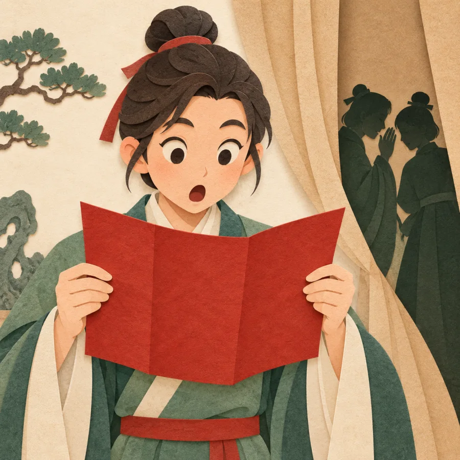 Two silhouettes whisper behind a curtain; a person reads a letter in surprise