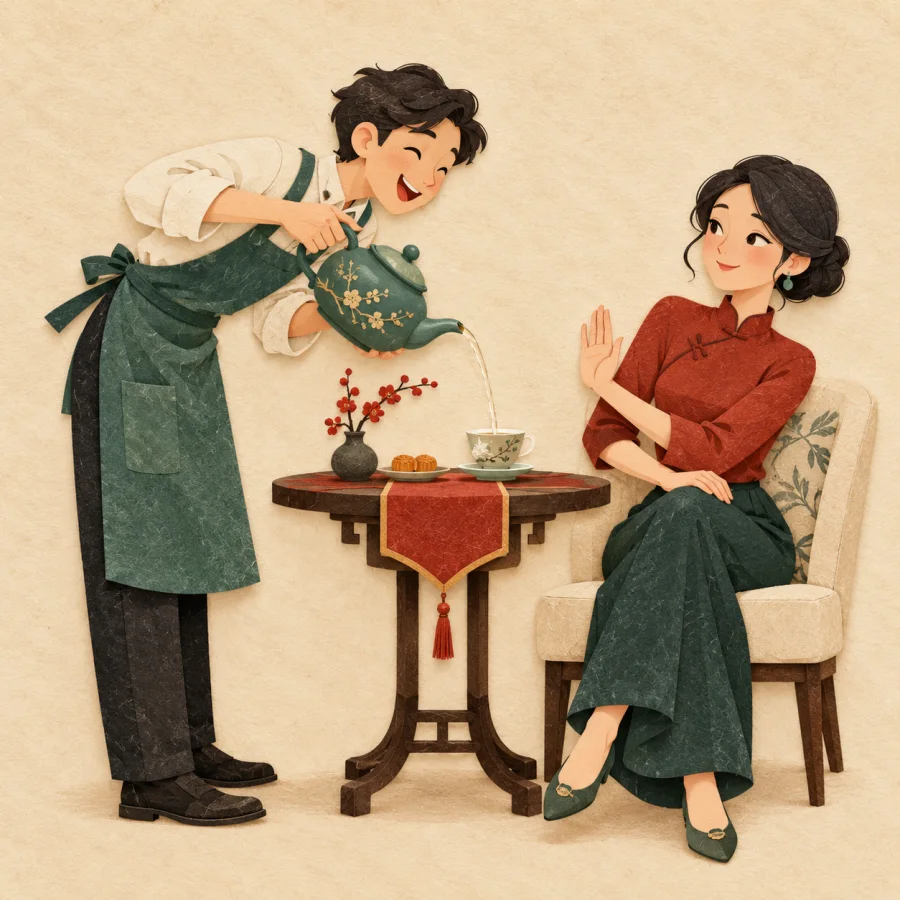 A waiter eagerly pours tea for a leaning-back guest
