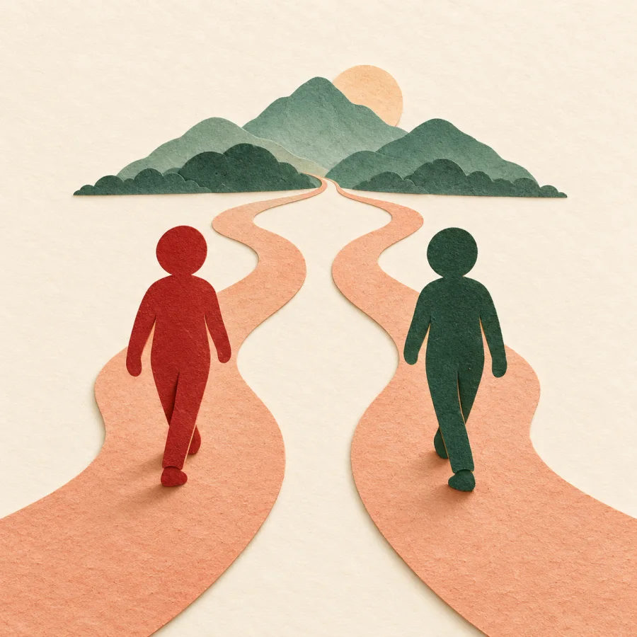 Two paper-cut figures follow different winding paths across a cream background