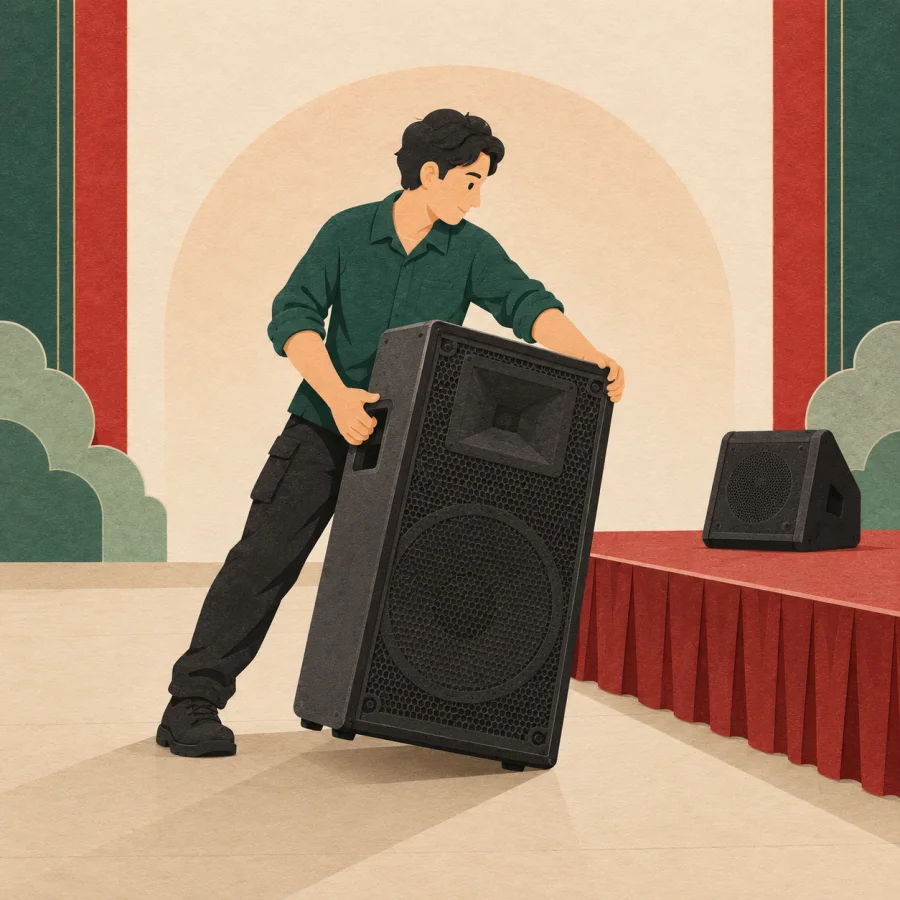 A person adjusts a large speaker beside a stage, with a cinnabar red speaker cone