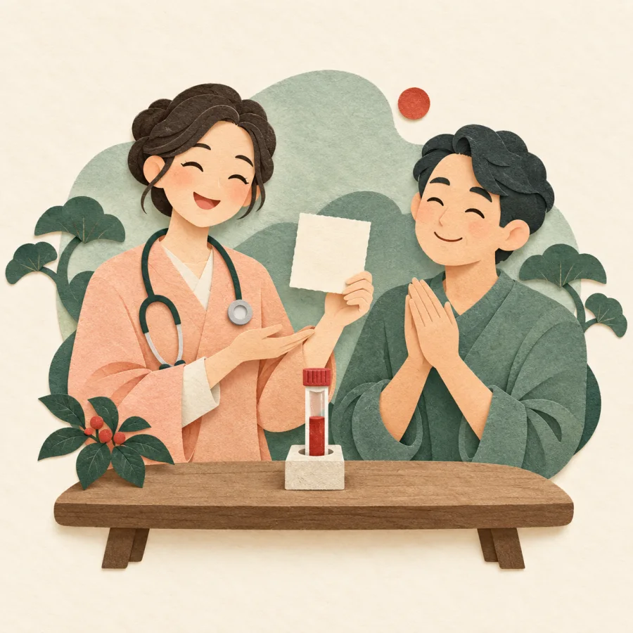 A doctor holds a small card beside a test tube while a relieved person smiles