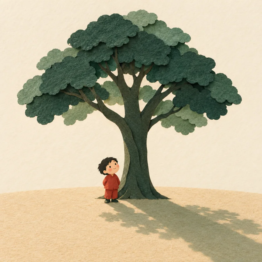 A small child stands under a tall tree casting a long dark shadow