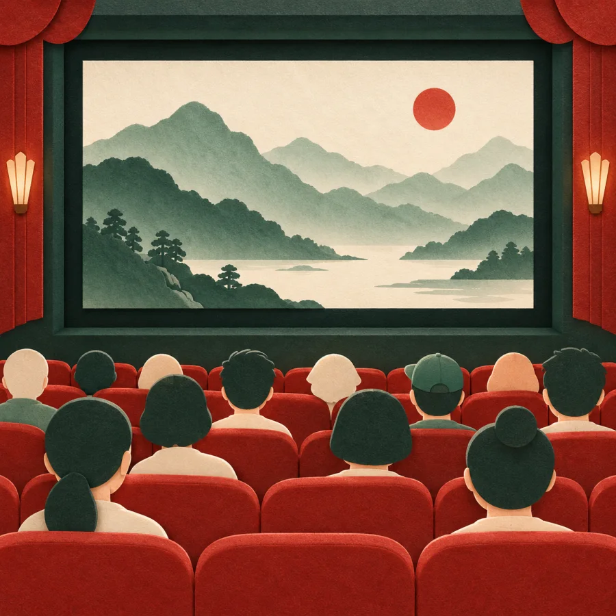 An audience faces a large cinema screen showing mountain scenery, in cinnabar red