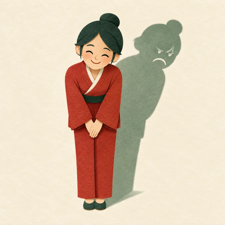A polite person secretly hiding dissatisfaction behind a smile
