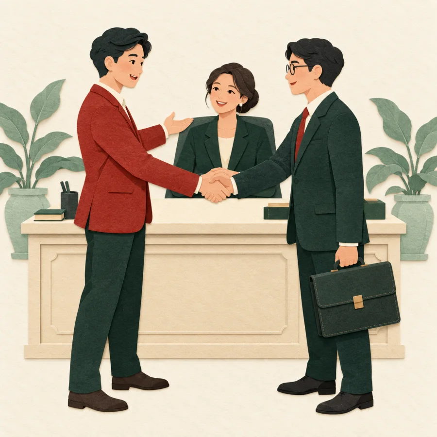 Two people shaking hands before a manager at a desk